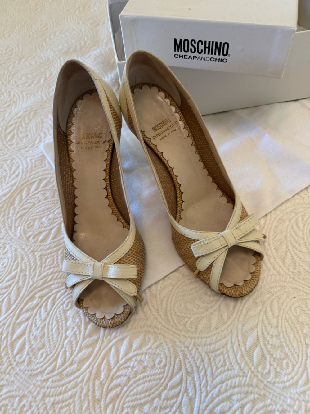 Moschino Cheap & Chic Rafia Leather Peep Toe Heels